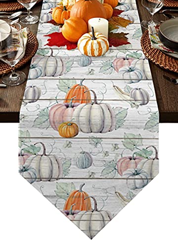 Fall Table Runner Thanksgiving Table Decorations,Grey Pumpkins Table Runners Vintage Wood Farmhouse Cotton Linen Runner For Dining Table,Holiday,Parties, Baby Shower,Outdoor,13X70 Inches Long #TOP1
