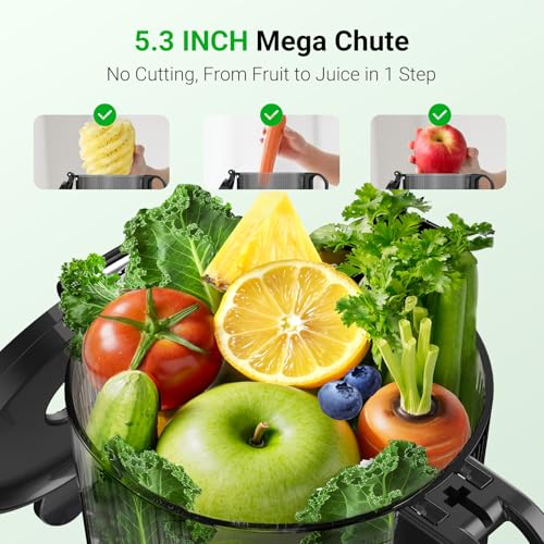 Aeitto Max5 Cold Press Juicer, Juicer Machines with 5.3“ Extra Large Feed Chute Fit Whole Fruits & Vegetables, High Juice Yield,Juice Maker, Self Feeding, Easy to Clean,Premium Black