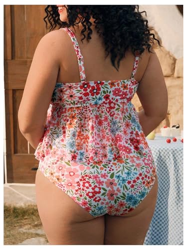 Verdusa Women's Plus Size 2 Piece Floral Tankini Set Bow Tie Babydoll Tops with Bottoms Swimsuit3