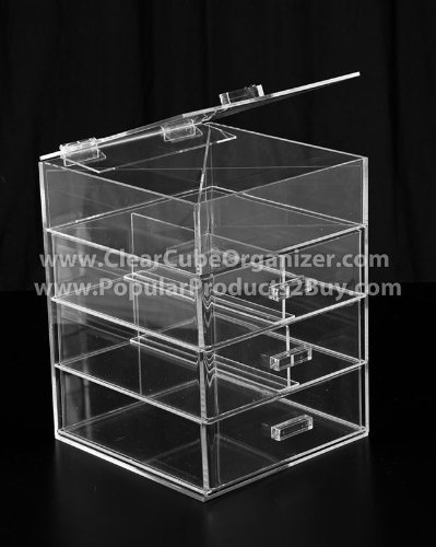 Acrylic Clear Cube Makeup Organizer 3 Drawers plus one w/Lid Display