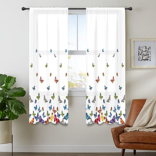 Cinbloo Baby Girls Butterflies Thin Curtains 41W X 62L Inch Rod Pocket Girly Bedroom Decor Colorful Lush Princess Cute Romantic White Art Printed Living Room Window Drapes Treatment Fabric 2 Panels #TOP3