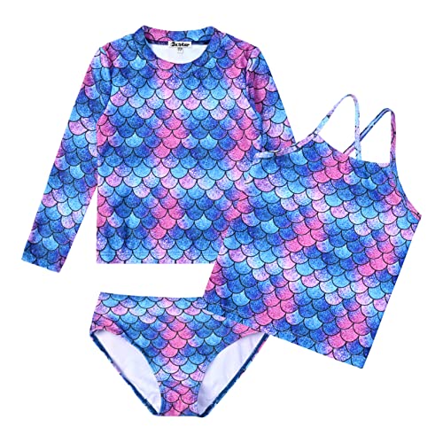 Jxstar Girls 3 Piece Rash Guard Swimwear Set Kids Long Sleeve Swimsuits UPF 50+ UV