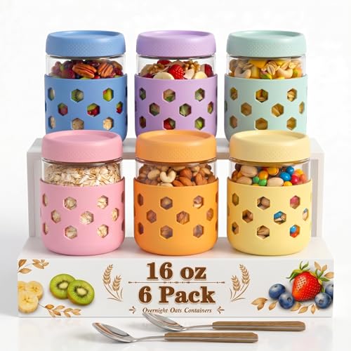 6-Pack 16 oz Overnight Oats Jars with Lids & Silicone Sleeves - Airtight Glass Mason Jars Food Storage Wide Mouth Meal Prep Containers for Chia Pudding Yogurt Berries & Snacks (Include Spoons)