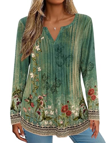Zeagoo Womens Long Sleeve Tops 2025 V Neck Pleated Shirts Dressy Casual Tunic Blouses Loose Fit Fall Fashion Clothes3