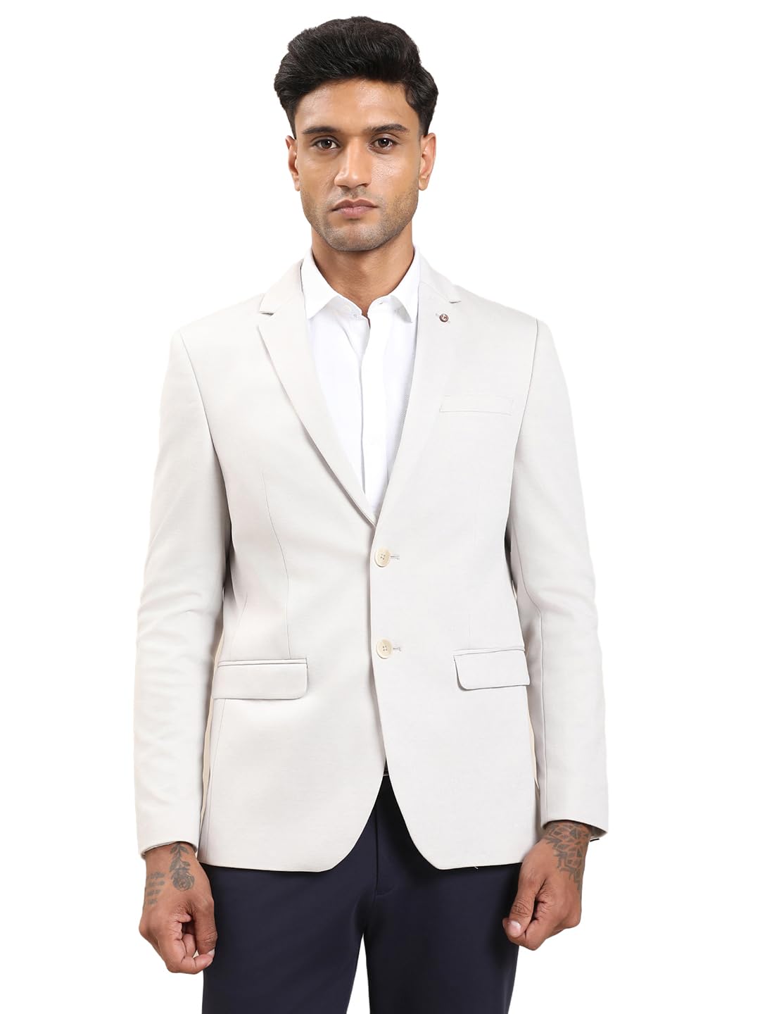 men knitted cream solid tailored fit blazer