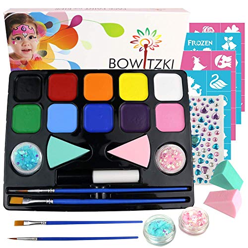 Bowitzki Face Paint Kit with 10 Colors,32 Stencils,2 Brushes,2 Chunky Glitters,2 Sponges,1 Body