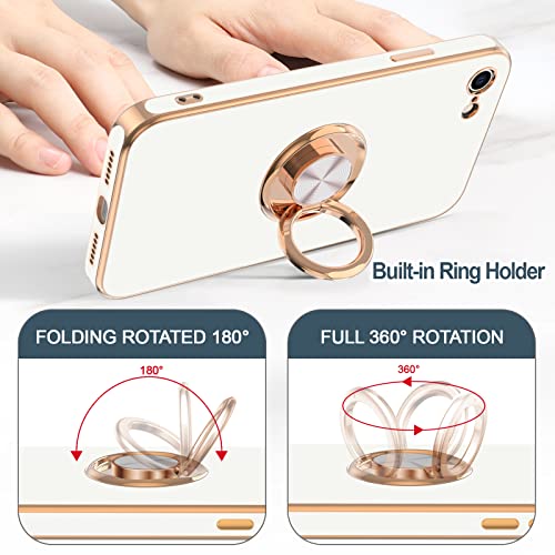 Image of Hython Case for iPhone SE Case 2022 /2020, iPhone 8 7 Case Ring Holder Stand Magnetic Kickstand, Plating Rose Gold Edge Soft TPU Bumper Cover Shockproof Protective Phone Cases Women Girls Boys, White