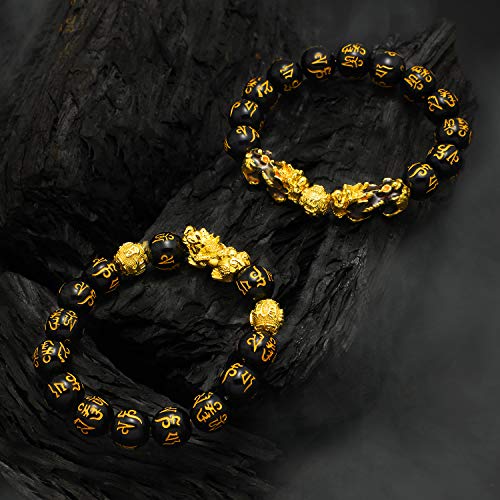 2 Pcs 12 mm Feng Shui Good Luck Bracelets for Women Chinese Bracelet with Hand Carved Black Amulet Bead Pi Xiu for Attracting Wealth and Good Luck for Women Men 6
