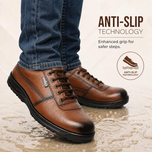 Image of STONIX DR001 Safety Shoes for Men, Lightweight Industrial Shoes | Anti-Slip, Oil Resistant, Steel Toe, Shockproof Work | Comfortable for Construction & Factory Use, Black | Brown