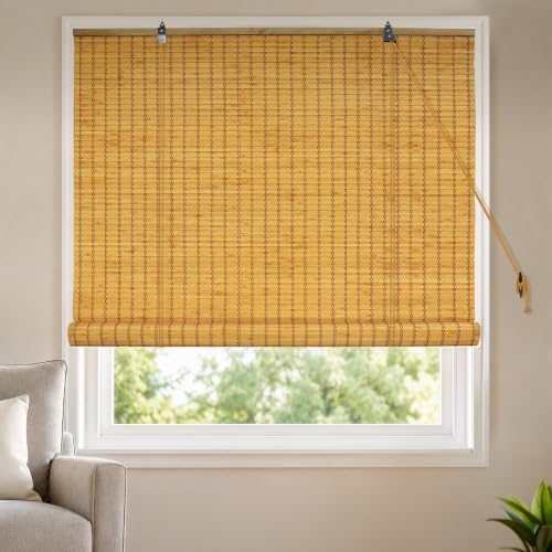 Image of HIPPO Bamboo Curtains - W-3FTXH-7FT Rope Mechanism Roll Up Down Indoor Bamboo Shade for Sun & Dust Protection for Home Window, Balcony, Restaurant, Hotel, Resort (Caramel)