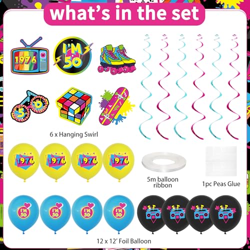 Image of Crenics 80s Theme 1976 50th Birthday Decorations for Men Women | Back in 1976 Backdrop, Awesome Since 1976 Banner, Swirls, Centerpieces and Balloons for 50 Birthday Party Supplies