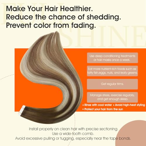 Image of Full Shine Invisible Tape in Hair Extensions Human Hair Color 4 /27 /60 /8 Brown And Blonde Seamless Tape Hair Extensions Real Remy Human Hair 18Inch Natural Human Hair Extension Wedding 50G 20Pcs