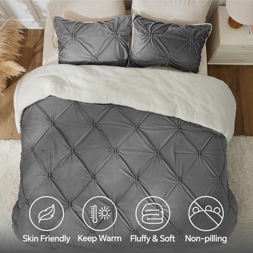 Image of BEDELITE Fluffy Sherpa Queen Comforter Set,Pintuck-Grey | Super Soft & Warm Fleece Bedding, Luxury Fuzzy Comforter for Winter, Heavy Plush Bedding Set,2 Pillowcases
