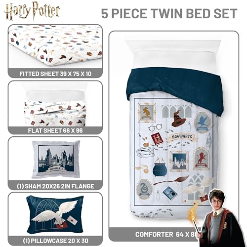 Image of Harry Potter Twin Comforter Set 5 Piece Soft Hogwarts Bedding, Grey | Hedwig, Bed in a Bag, Comforter Sheets Sham Pillowcase, Official Product, Soft Microfiber, Machine Washable, Kids Gift