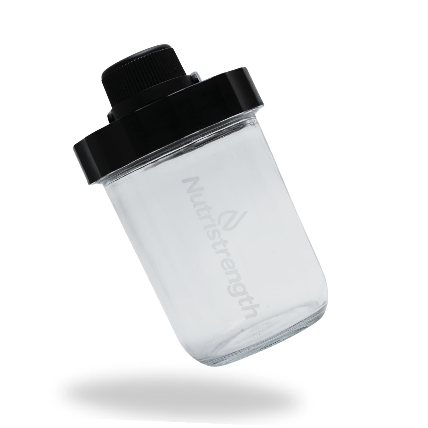 Nutristrength New Version Protein Shaker Cup Water Bottle New Leak Proof Lid Design - 16Oz Glass Water Bottle Black Lid | Includes Wire Ball For Smooth Shakes (Black, 450Ml)