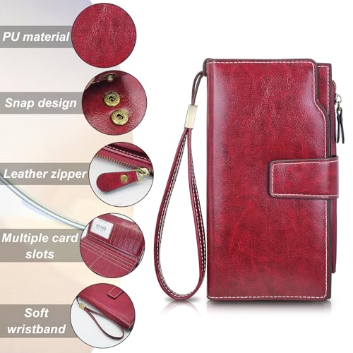 FuninCrea Wallets for Women RFID Large Capacity Leather Purses for Women with 20 Card Slots and Zipper Coin Pocket, Fashionable Wristlet Wallet Ladies Wallet with Removable Wrist Strap (Red)3