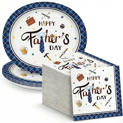Dereinwo 50Pcs Fathers Day Large 12 x 10 Oval Paper Plates and Napkins Disposable Heavy Duty Paper Plates and Napkins for Fathers Day Party Supplies