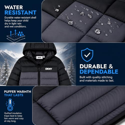 Image of DKNY Boys Winter Jacket, Midweight Puffer Coat, Weather Resistant, Hooded
