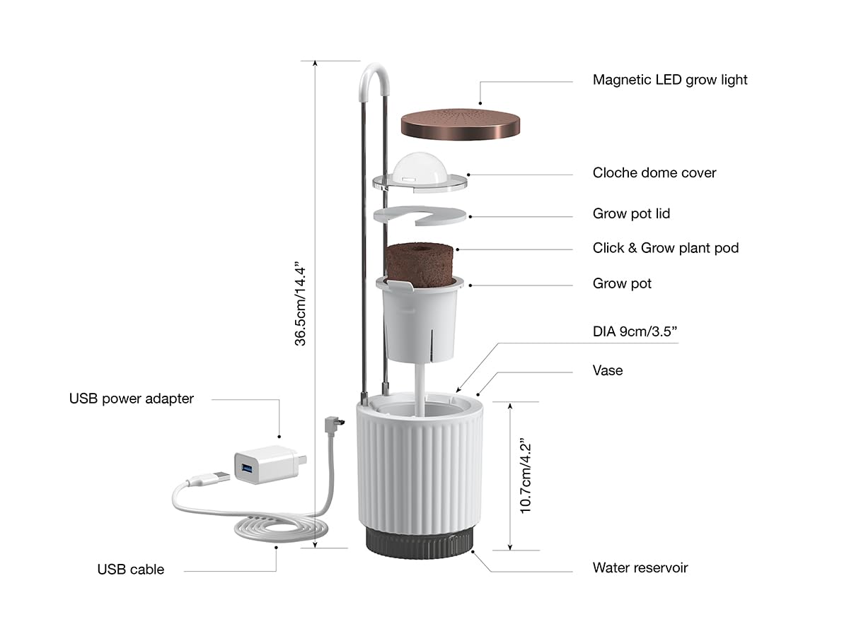 Mini Huerto Inteligente con Cápsulas de Petunia Click & Grow, Hydrovase Smart Garden, Kit de Cultivo Interior con Luz de Crecimiento LED y Autorriego