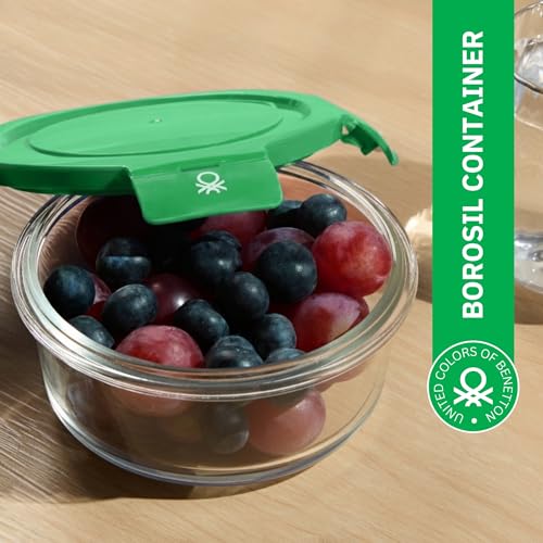 Image of United Colors of Benetton 840 ML Borosilicate Glass Food Storage Container with Airtight Green Lid - Leakproof, Microwave, Oven, Freezer & Dishwasher Safe - Durable & Reusable Lunch /Dinner Box