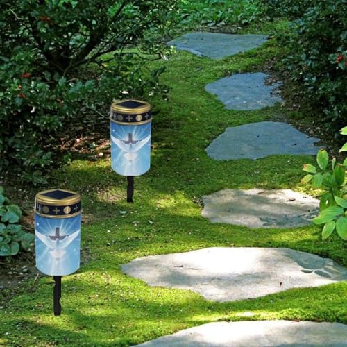 Image of Poceacles Cross Outdoor Solar Lights - Waterproof Grave Stake Lights - Solar Powered Lantern - Blue Dove of Peace Cross