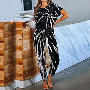 Chemise De Nuit Sexy pour Femmes,Noir Tie Dye À Manches Courtes Lounge Wear Homewear Suit Loungewear Set Femmes Sleep Sleepwear Automne Hiver Homewear Noël Vêtements, XL