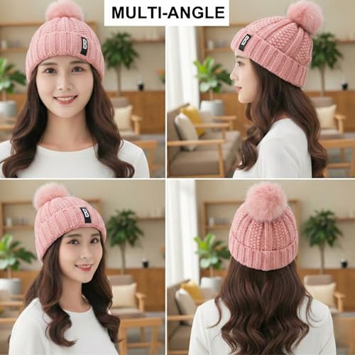 Image of Kraptick Women's Winter Cap - Knit Beanie with Soft Fleece Lining Hat, Stylish Pom Pom Thick Woollen Skull Cap, Warm Hat for Ladies & Girls -3