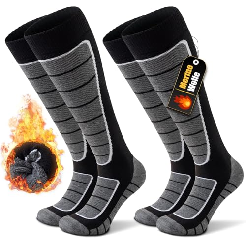 Stoeury 2 Paar Merinowolle Skisocken Herren Damen, Gepolsterte Skisocken, Bequeme Snowboard Socken, Warme Skistrümpfe, Thermosocken Wintersocken für Skifahren, Langlauf, Snowboarden, Schwarz, L