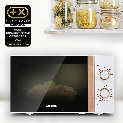MEDION Micro-ondes (aspect bois, 20 litres, 700 watts, porte miroir, 5 niveaux de puissance, fonction décongélation, minuterie, MD10596) blanc – Image 3