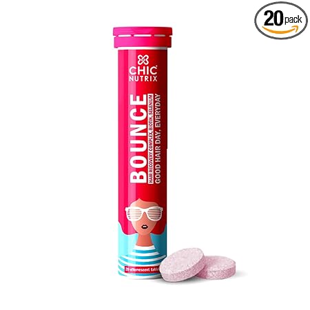 Chicnutrix Bounce - Biotin With Selenium and Amino Acids - Hair Fall & Hair Growth Management - Strong Hair - Frizz-free Hair - No Added Sugar - 20 Raspberry Flavoured Effervescent Tablet