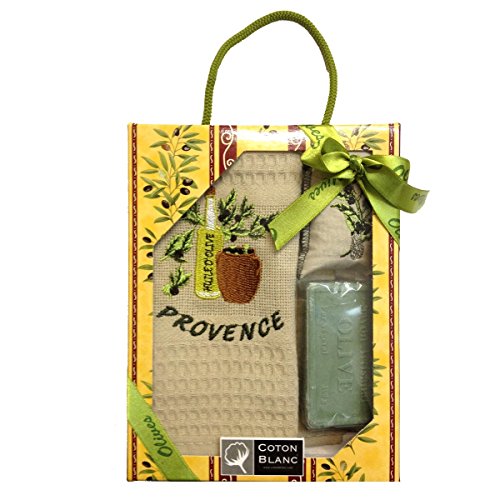 Coffret Torchon beige brodé huile d'olive coton nid d'abeille et savon et sachet de lavande Cover