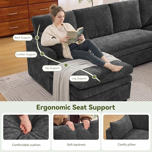 Image of 85 inch Sectional Couches with Comfy Deep Dual-Layer Cushion, 5 Seater L Shaped Couch, Modern Modular Sofa, Chenille Sofas for Living Room, Apartment, Grey