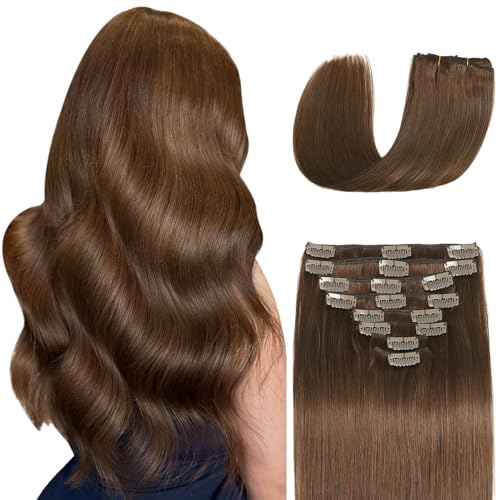 Image of Clip in Hair Extensions Real Human Hair 18 inch 100g /3.6oz Straight Seamless Invisible Human hair Extensions Clip ins for Women Double Weft 8pcs #4-Chocolate Brown