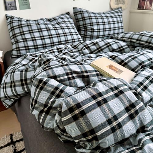 Image of EAVD Vintage Light Blue Grey Buffalo Plaid Duvet Cover Full Soft Washed Cotton Gingham Bedding Set with Grid Checkered Pattern Farmhouse Geometric Duvet Cover with 2 Pillowcases for Boys Men Women