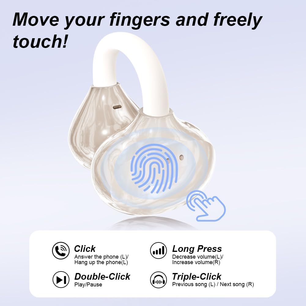 Clip-on Open-Ear Bluetooth-Kopfhörer Wireless,Bluetooth 6.0,60 Stunden Ultra-Lange Akkulaufzeit,Komfortabel & Schmerzfrei,Ideal für Sport, Büro & Fitness,Wollweiß