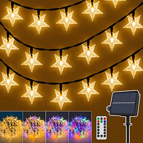 Ollny Solar Star String Lights Outdoor Christmas Lights, 50LED 25FT Warm White & Multicolor with Remote 11Modes Waterproof Timer Fairy Star for Wedding Party Fence Garden Patio Yard Decorations