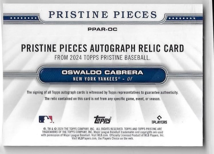 Oswaldo Cabrera Autographed Pristine Pieces Autograph Relic Game Used Jersey Memorabilia Auto Card Collectible Baseball Card - 2024 Topps Pristine Baseball Card #PPAR-OC (Yankees)