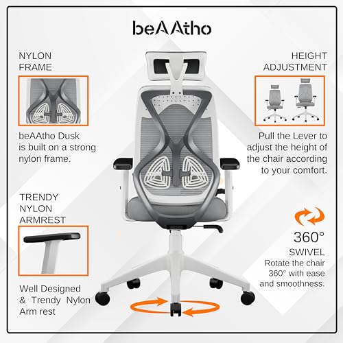 beAAtho Dusk Ergonomic High Back Office Chair | 2D Adjustable Arm & Headrest, Lumbar Support, Single Lock Synchro, Metal Base | Revolving Mesh... - Image 5