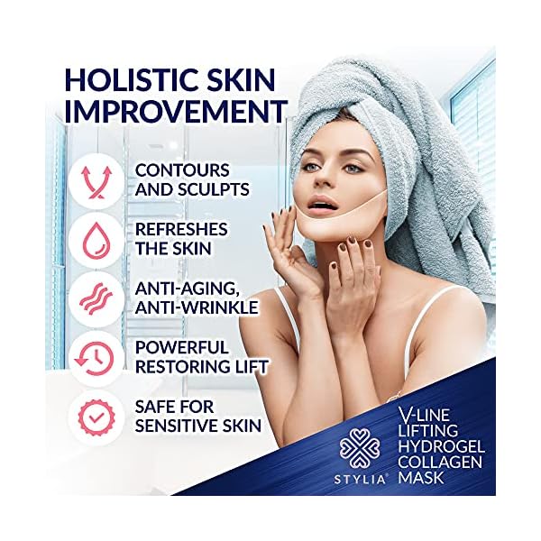 10-Piece-V-Line-Shaping-Face-Masks--Lifting-Hydrogel-Collagen-Mask-with-Aloe-Vera--Anti-Aging-and-Anti-Wrinkle-Band-Double-Chin-Reducer-Strap-Contouring-Slimming-and-Firming-Face-Lift-Sheet Stylia V-Line Lifting Collagen Face Mask with Hyaluronic Acid & Aloe Vera - Spa Quality Double Chin Strap - Collagen Mask for Women - Jawline Shaper Face Lift Tape - Chin Strap for Sleeping - 10PC