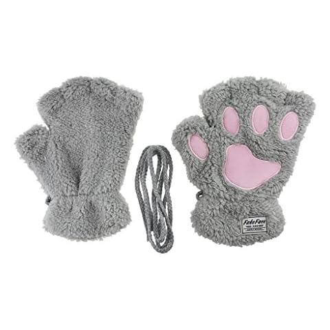 Fakeface Starsource Lovely Cat Claw Bear Paw Style Winter Plush Half Finger Gloves Mitten For Girls, Grey, One Size Cover