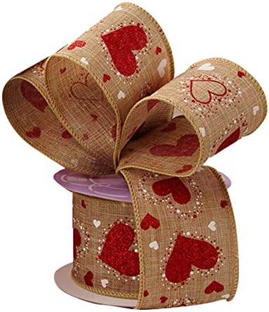 Faux Burlap Valentine Hearts Ribbon - 2 1/2" x 10 Yards, Metallic Red White Glitter Hearts on Natural Wire Edged Ribbon, Valentine’s Day Décor, Gift Wrap, Hair Bow, I Love You, Gift Bow