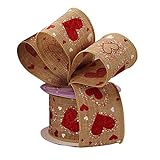 Faux Burlap Valentine Hearts Ribbon - 2 1/2" x 10 Yards, Metallic Red White Glitter Hearts on Natura