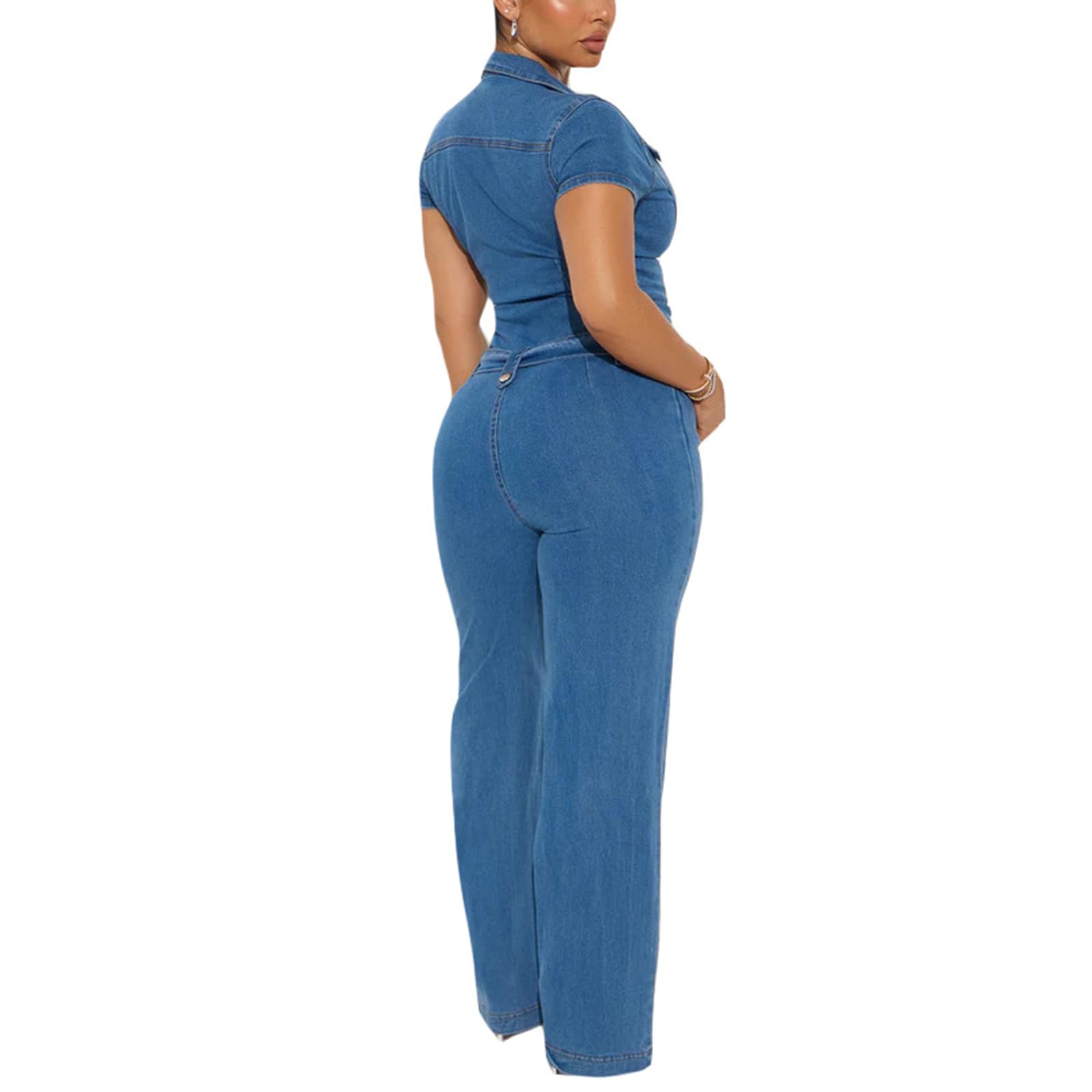 cffdviz Mono Corto Sexy De Mezclilla Para Mujer Con Mangas Cortas Ajuste Slim Botón Delantero Y Cinturón
