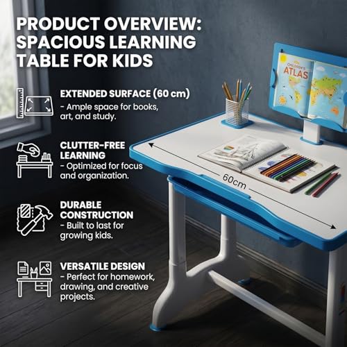 Image of StarAndDaisy Study Table for Kids 3-12years Boys Girls /Kids Study Table with Hight Adjustable Table & Chair, Book Storage, Book Holder & Cup Holder (Blue (with LED LAMP) (E60-Blue)
