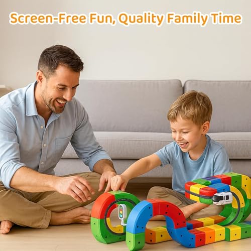 Image of DIY Cube Track Magic Rail Train Set,Educational Building Track Toy for Kids Multicolour, for Ages 3+, Loop, Arch and Multi-Layer Tracks (51 Pcs Block Set)