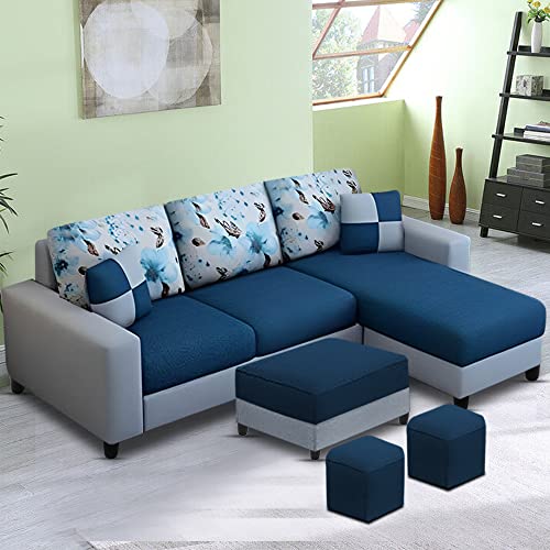 Casaliving Rolando 4 Seater Right Hand Side L Shape Sofa Set for Living Room with Center Table & 2 Puffy – (Blue Grey Fabric) Premium Fabric Sofa Set Casaliving Rolando 4 Seater Right Hand Side L Shape Sofa Set for Living Room with Center Table & 2 Puffy – (Blue Grey Fabric) Premium Fabric Sofa Set
