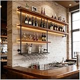 130cm Estante almacenamiento de vino de gran capacidad montado pared con luz LED,Botelleros Pared con portavasos,estantes flotantes 4 niveles para botellas de licor, para hogar Restaurante Bar (130cm)