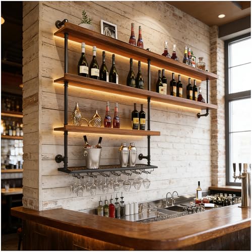 180cm Estante almacenamiento de vino de gran capacidad montado pared con luz LED,Botelleros Pared con portavasos,estantes flotantes 4 niveles para botellas de licor, para hogar Restaurante Bar (180cm)
