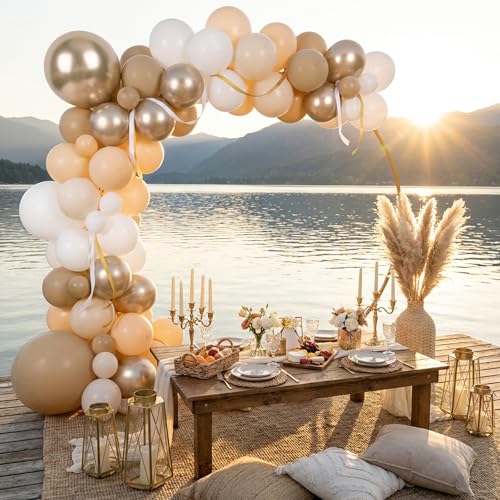 Image of RUBFAC Beige and Champagne Balloons, 65pcs White and Brown Boho Gold Party Balloon for Neutral Birthday Bridal Baby Shower Wedding Party Decorations