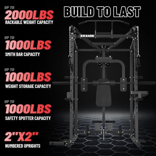 ER KANG SmithΔ Machine Power Cage, Cage Machine Chest Fly Machine, 2000LBS Power Rack with Cable System, Multi-Function Workout Weight Cage with Seat pad, J-Hooks, Spotter Arms, Home Gym, Black